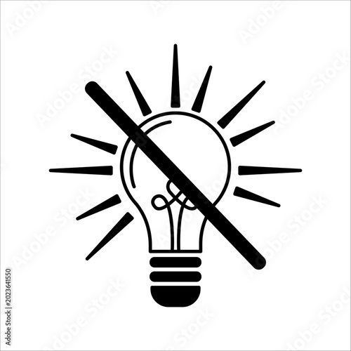 Simple outline of a shining light bulb with a strikeout line, creative block or power failure vector sign.