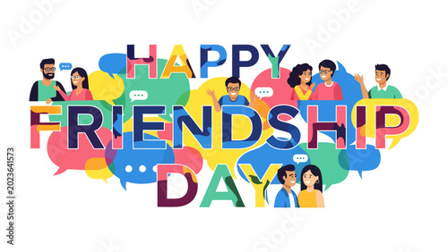 Tableau sur toile Happy Friendship Day: A vibrant graphic illustration celebrates friendship with colorful speech bubbles and diverse people, conveying messages of connection and joy