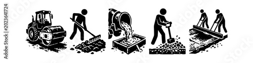 Photos Road Construction and Paving Process Icons Showing Steamroller Concrete Mixing L