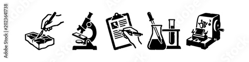 Foto Set of Pathology and Histology Laboratory Icons Featuring Microscope Microtome S