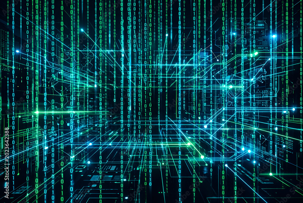 Fototapeta premium Abstract futuristic cyberspace background with glowing green binary code and circuit board lines, representing data processing and digital matrix concepts.