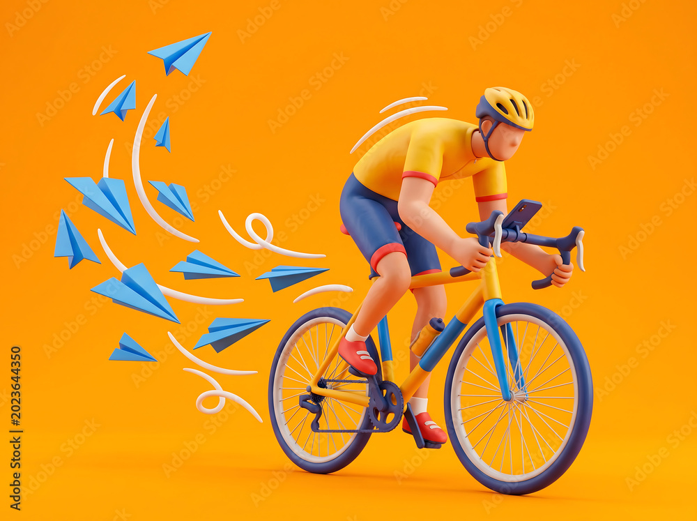 Fototapeta premium Cyclist riding fast with flying paper airplanes on road