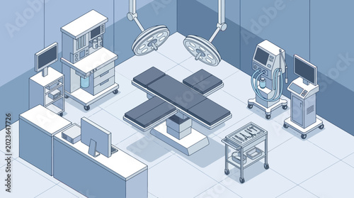 Schilderij op canvas Modern Operating Room Equipment and Surgical Bed.