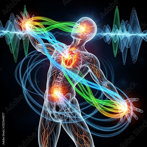 Human body glowing energy flow illustration.