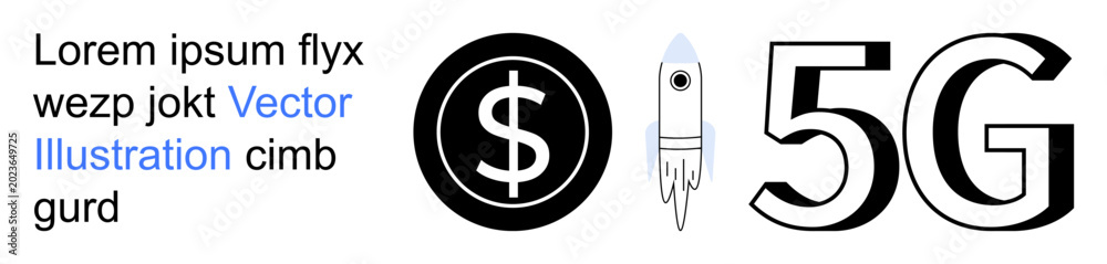 Obraz premium Digital transformation, financial technology, innovation, communication, modern networks, startups. Dollar symbol, rocket and 5G text. Focus on digital transformation and financial technology