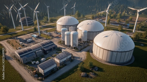 Sustainable Energy Farm with Wind Turbines and Biogas Tanks Amidst Green Landscape and Modern Renewable Infrastructure
