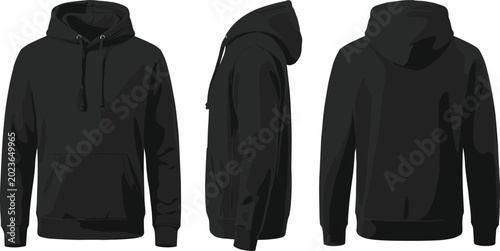 Tableau sur toile Black Hoodie Mockup Vector Illustration Front Side and Back Views Isolated on Wh