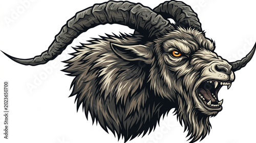 Canvas-taulu Fierce Goat Head with Large Horns and Open Mouth.