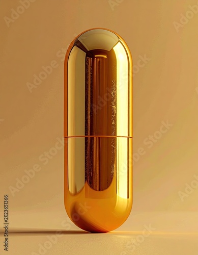 A shiny gold capsule on a tan background