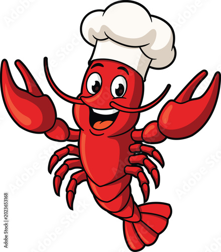 Vector illustration of a happy crawfish chef mascot with large claws and a cooking hat, perfect for Cajun cooking and restaurant themes, isolated on white.
