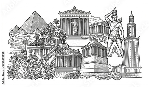 Foto Ancient world wonders vintage engraving vector illustration historical architect