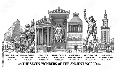Photos Seven Wonders of the Ancient World engraved hand drawn vector illustration histo