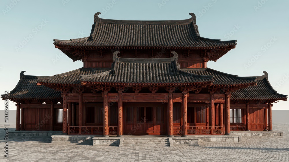 Fototapeta premium Traditional Chinese Wooden Temple with Curved Roof and Stone Steps