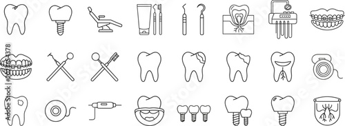 Tableau sur toile Dental care icon illustration collection featuring teeth, implants, braces, flos