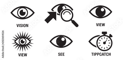 Schilderij op canvas Set of eye icons with descriptive text, includes vision, view, see, and tippcatch concepts