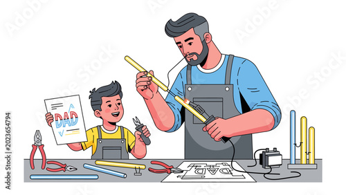 Cuadro en lienzo Father and Son Crafting Together: A heartwarming illustration depicts a father and his young son engrossed in a creative project, sharing a joyful moment of bonding and learning