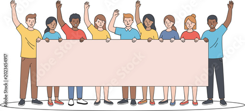 Foto Teamwork banner illustration collection featuring diverse people, raised hands,