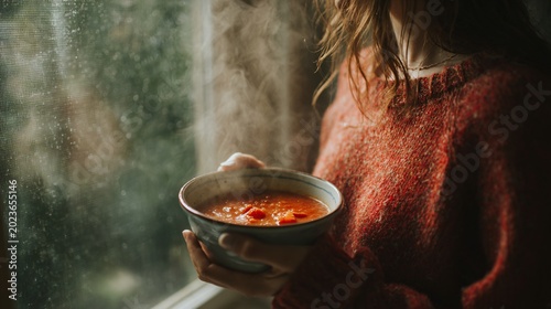 A calm lifestyle scene with a person holding a bowl of tomato soup near a window, soft natural light illuminating the steam