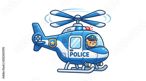 Cute cartoon police helicopter with pilot flying.