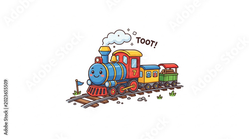 Tableau sur toile Cute cartoon steam train with smiling face on tracks.