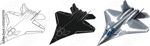 Canvastavla Three distinct vector illustrations of a modern stealth fighter jet presented as