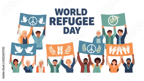 Bild auf Leinwand World Refugee Day Celebration: A diverse group of people holding banners with peace symbols and messages of solidarity celebrate World Refugee Day, fostering a sense of unity and hope