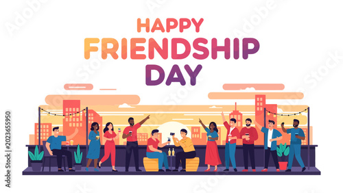 Cuadro en lienzo Happy Friendship Day Celebration: Friends gather on a rooftop terrace with a cityscape backdrop, raising glasses and enjoying a vibrant celebration of friendship and togetherness