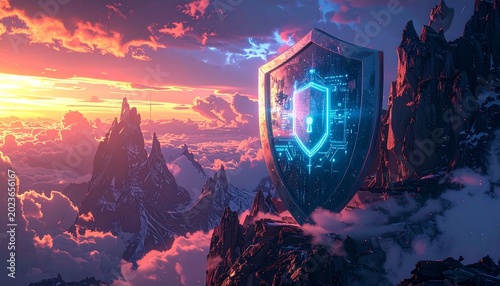 Digital Shield Protecting a Fantasy Landscape at Sunset - Security Concept.