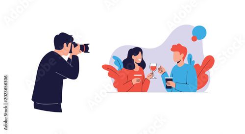 Professional photographer takes a picture of a happy couple enjoying wine and conversation in a colorful flat illustration.