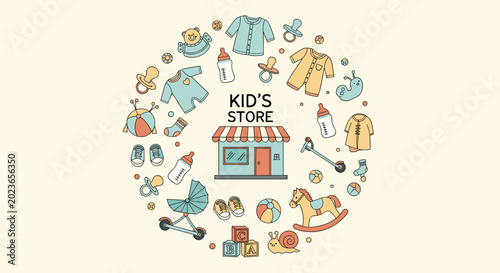 Baby products and toys encircle small shop building with kids store text in center for nursery retail concept illustration.