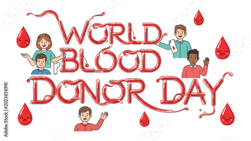 Foto World Blood Donor Day Illustration: A vibrant illustration celebrating World Blood Donor Day, featuring cheerful people and symbolic blood drops, promoting the spirit of donation and unity
