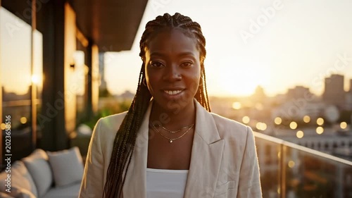 Woman with braided hair enjoying sunset on rooftop