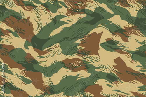 Vintage Rhodesian brushstroke military camouflage pattern background featuring tactical green and brown brush strokes over khaki.