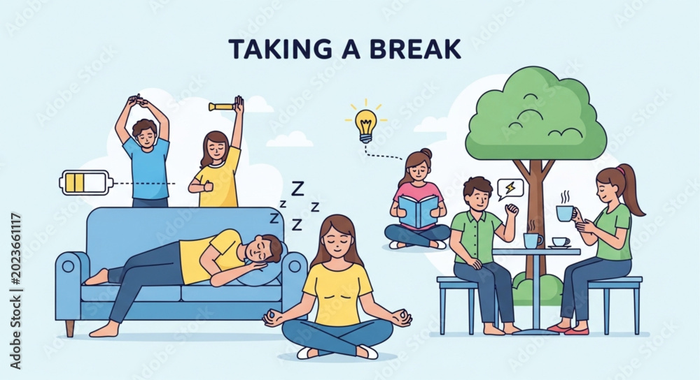 Obraz premium People taking a break from work and relaxing outdoors and indoors.
