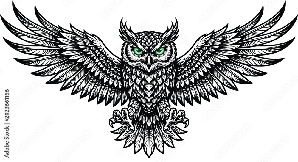Fototapeta premium Black vector silhouette of an eagle tattoo design with open wings, featuring intricate tribal art elements of a flying majestic bird symbol