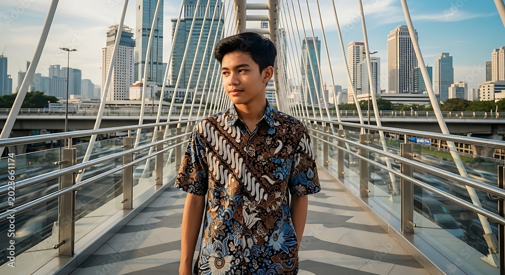 Obraz premium Man on bridge with city view.