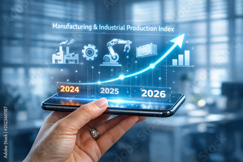 Industrial hand holds a digital display tracking the manufacturing production index with holographic icons indicating steady economic expansion and mechanical output growth throughout the fiscal.