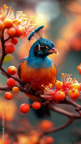 Vividly colored exotic bird with blue head crest and vibrant orange and blue plumage perches on branch laden with red berries and delicate orange flowers, creating stunning natural portrait with soft,