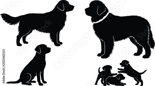 Foto Set of large breed dog silhouettes including Golden Retriever, Newfoundland, Lab
