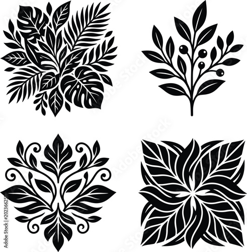 Slika na platnu Uncluttered black and white array of stylized botanical leaf and berry designs, high-resolution visual resource for decoration