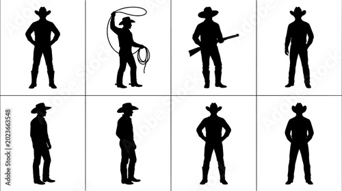 Cowboy Silhouettes Collection Featuring Western Ranch Characters with Lasso Rifle and Standing Poses for Rustic Design Projects