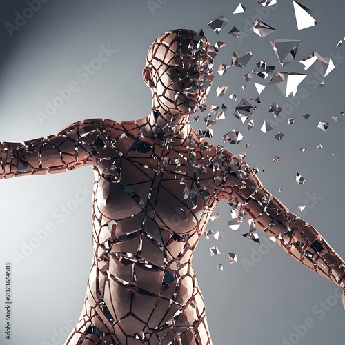 Digital human form disintegrating into pieces.
