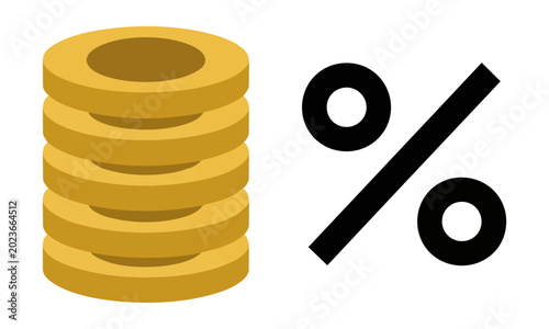 Minimalist icon featuring a stack of three gold coins and a percentage symbol with flat color blocks isolated on a white background, financial growth concept