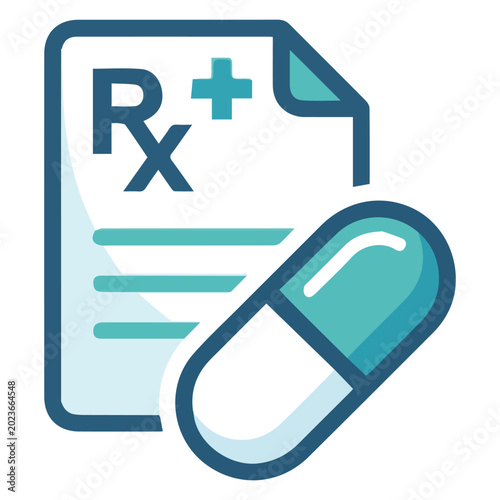 Flat Teal Medical Prescription Rx Document and Capsule Pill Icon