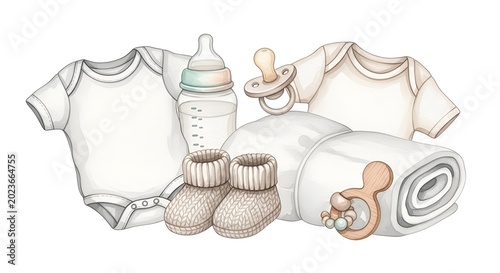 Baby Essentials: Onesies, Bottle, Pacifier, Booties, Blanket & Rattle - Neutral Colors