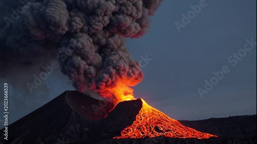 A dramatic video of a volcanic eruption at dusk with a large ash cloud