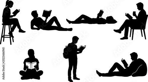 Bild auf Leinwand Reading People Silhouettes Collection Featuring Students and Casual Book Reading