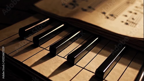 A video showcasing an open book of classical music sheet with notes