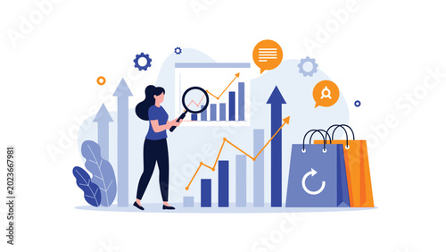 Businesswoman analyzing data graphs and shopping bags with a magnifying glass representing consumer research and market analysis.