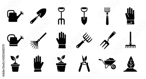 Foto Collection of gardening tools and equipment icons.